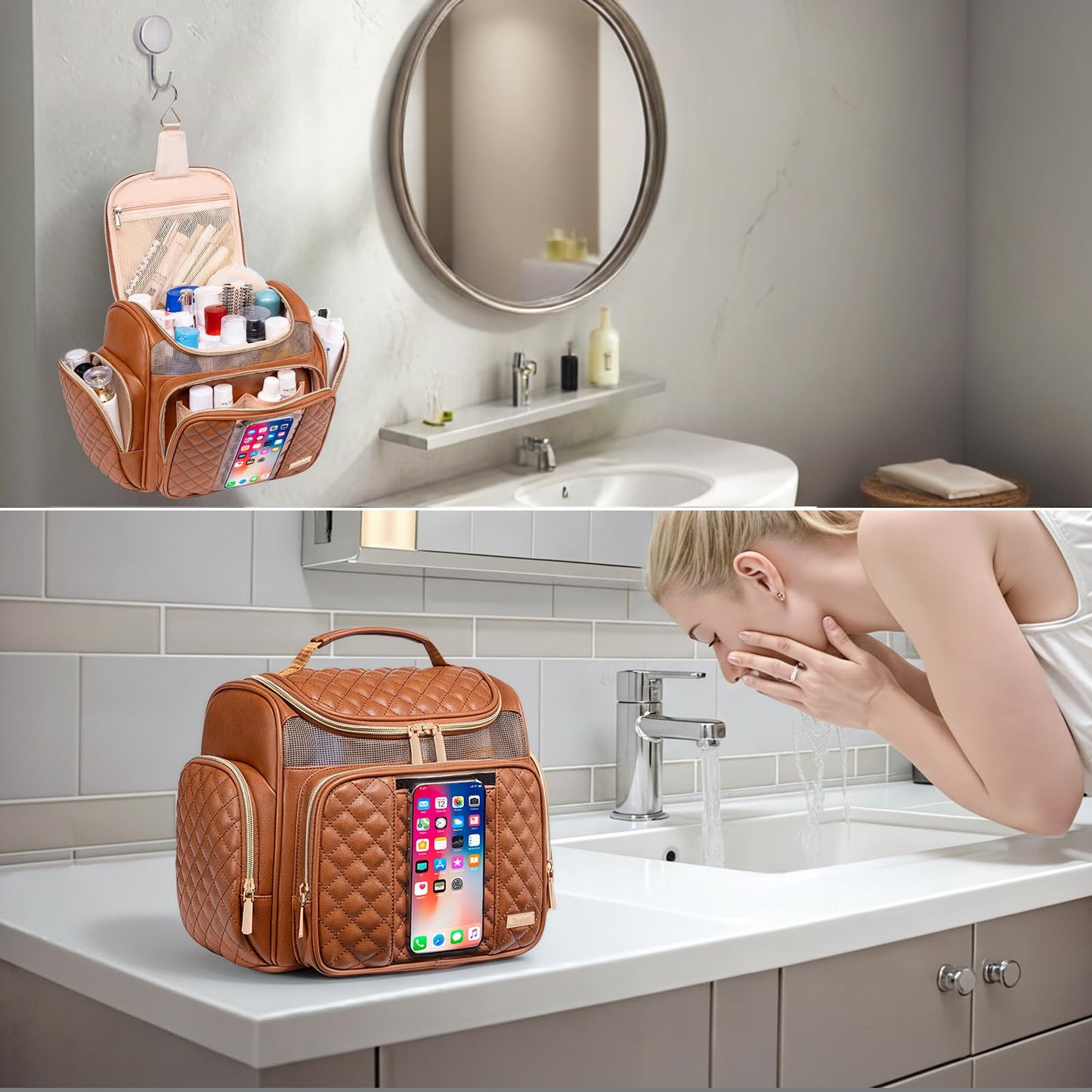 Large Travel Toiletry Bag with Hanging Hook, Multiple Compartments, Water-Resistant Design, and Clear Phone Pocket