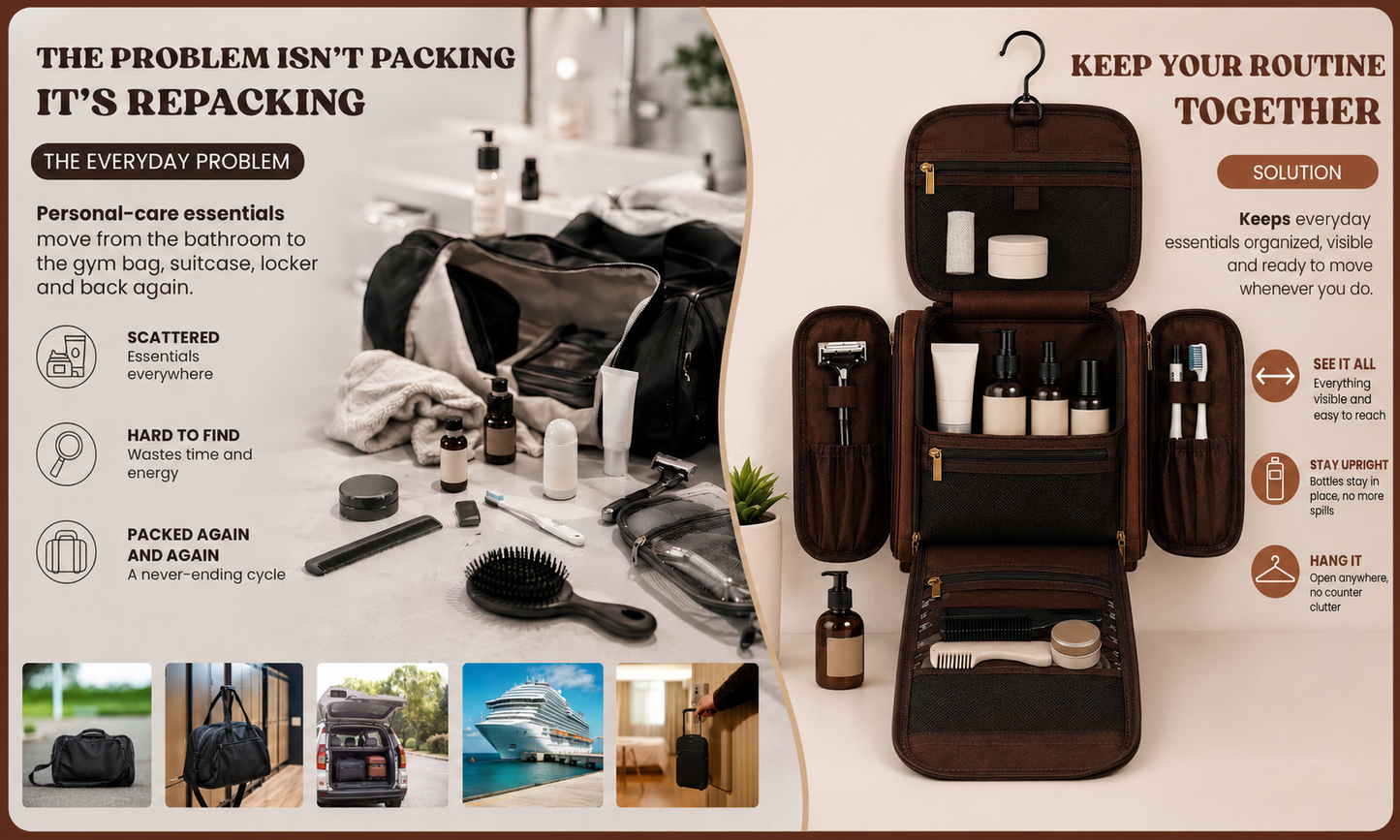 Men’s Vintage Leather-Look Hanging Travel Toiletry Bag | Large Multi-Compartment Dopp Kit with Wet/Dry Separation and Drawstring Pouch