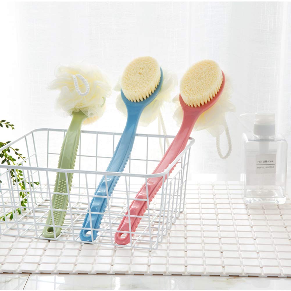 Shower Body Brush Bristles & Mesh Loofah Sponge,Curved Handle Back Scrubber