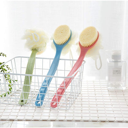 Shower Body Brush Bristles & Mesh Loofah Sponge,Curved Handle Back Scrubber