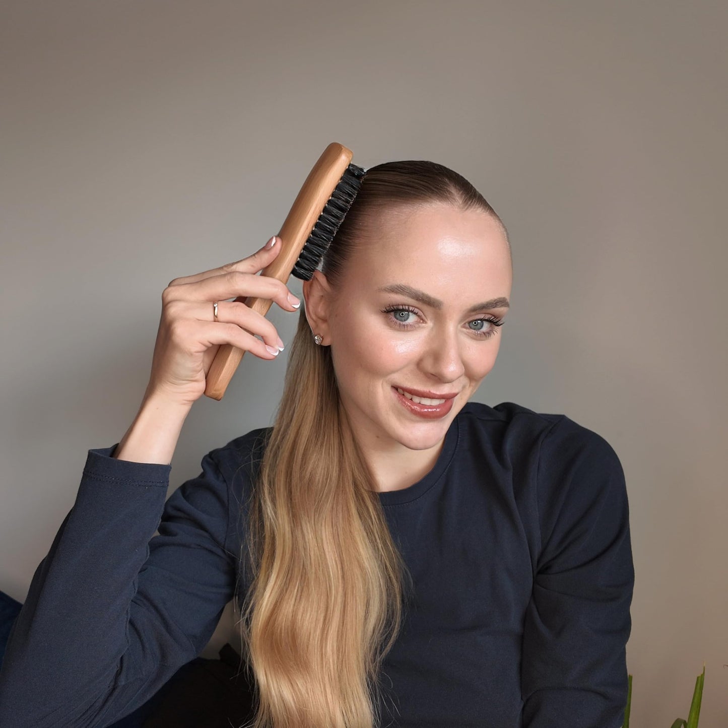 Boar Bristle Slick Back Hair Brush - Large Soft/Medium Smoothing Hairbrush to Style, Polish, & Lay Hair Down Flat to Create a Sleek Frizz Free Hairstyle for Women and Men