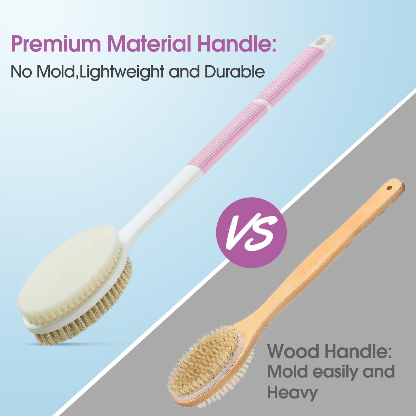 Non-Slip Back Scrubber with Long Handle, Stiff and Soft Bristles, Body Exfoliating Brush for Wet or Dry Brushing (Pink)