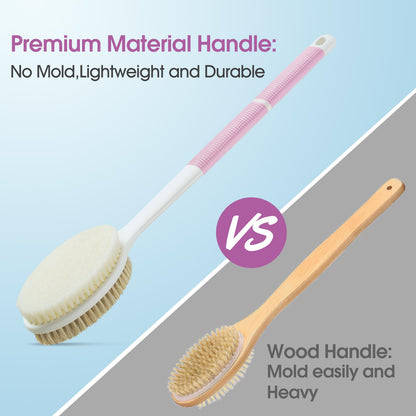 Non-Slip Back Scrubber with Long Handle, Stiff and Soft Bristles, Body Exfoliating Brush for Wet or Dry Brushing (Pink)