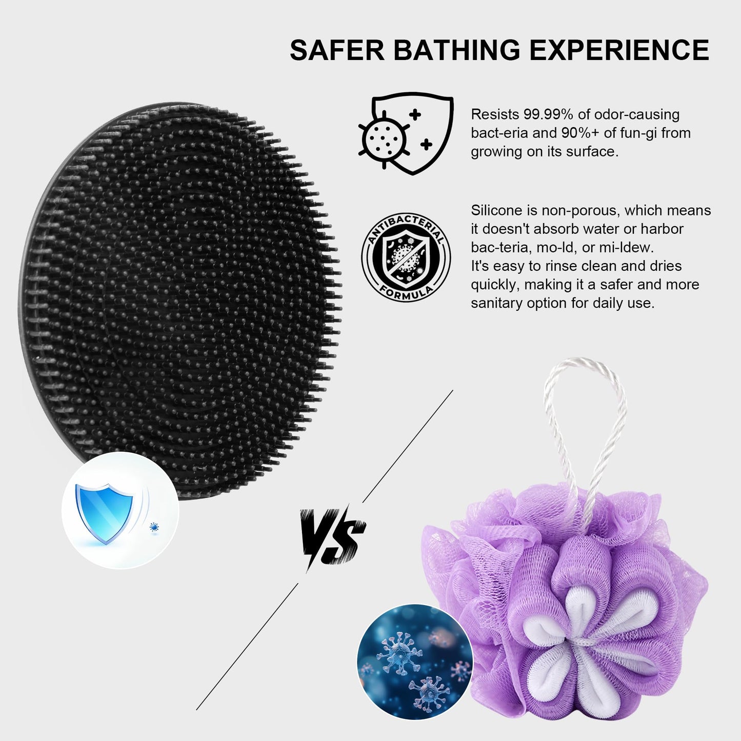Food-Grade Soft Silicone Body Scrubber Shower Brush, Black
