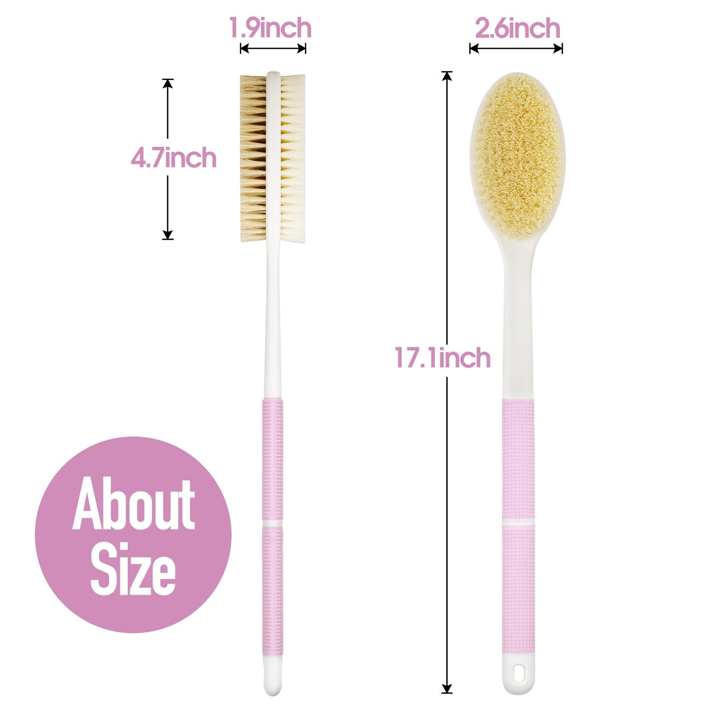 Non-Slip Back Scrubber with Long Handle, Stiff and Soft Bristles, Body Exfoliating Brush for Wet or Dry Brushing (Pink)
