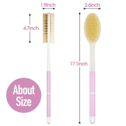 Non-Slip Back Scrubber with Long Handle, Stiff and Soft Bristles, Body Exfoliating Brush for Wet or Dry Brushing (Pink)