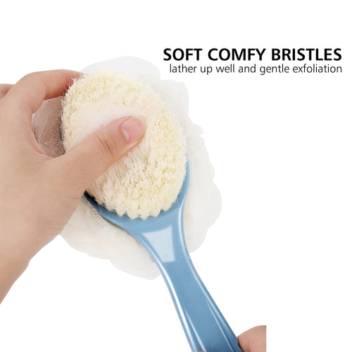 Shower Body Brush Bristles & Mesh Loofah Sponge,Curved Handle Back Scrubber