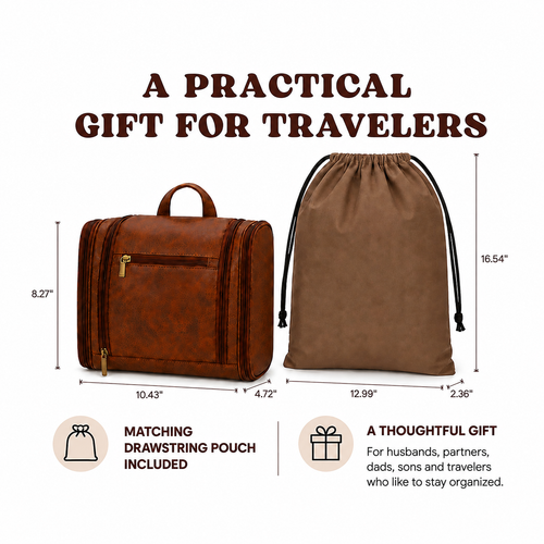 Men’s Vintage Leather-Look Hanging Travel Toiletry Bag | Large Multi-Compartment Dopp Kit with Wet/Dry Separation and Drawstring Pouch