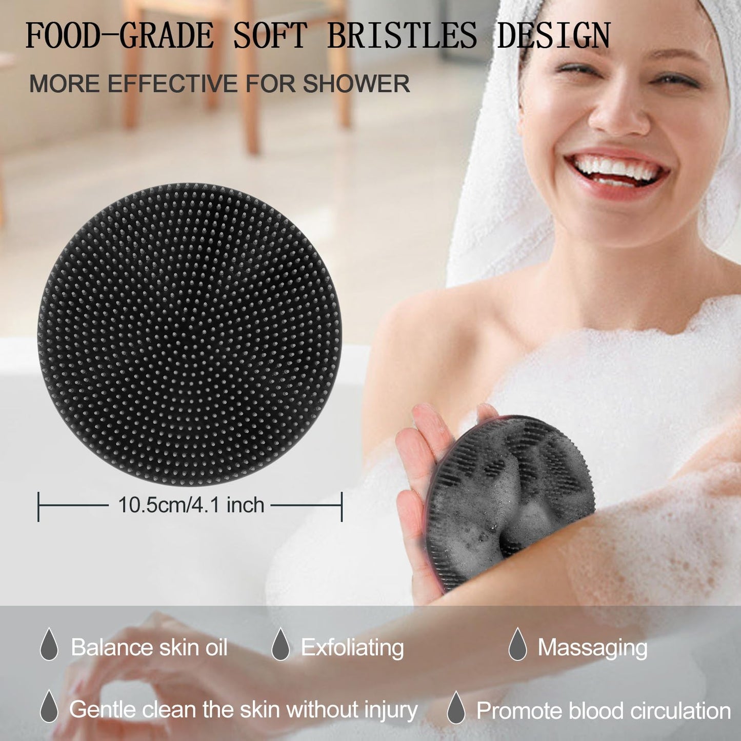 Food-Grade Soft Silicone Body Scrubber Shower Brush, Black
