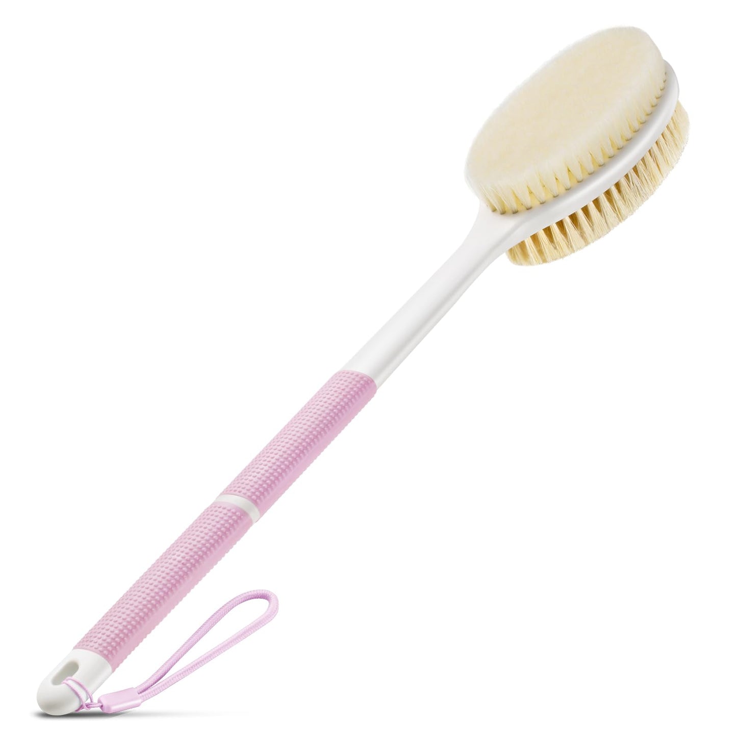 Non-Slip Back Scrubber with Long Handle, Stiff and Soft Bristles, Body Exfoliating Brush for Wet or Dry Brushing (Pink)