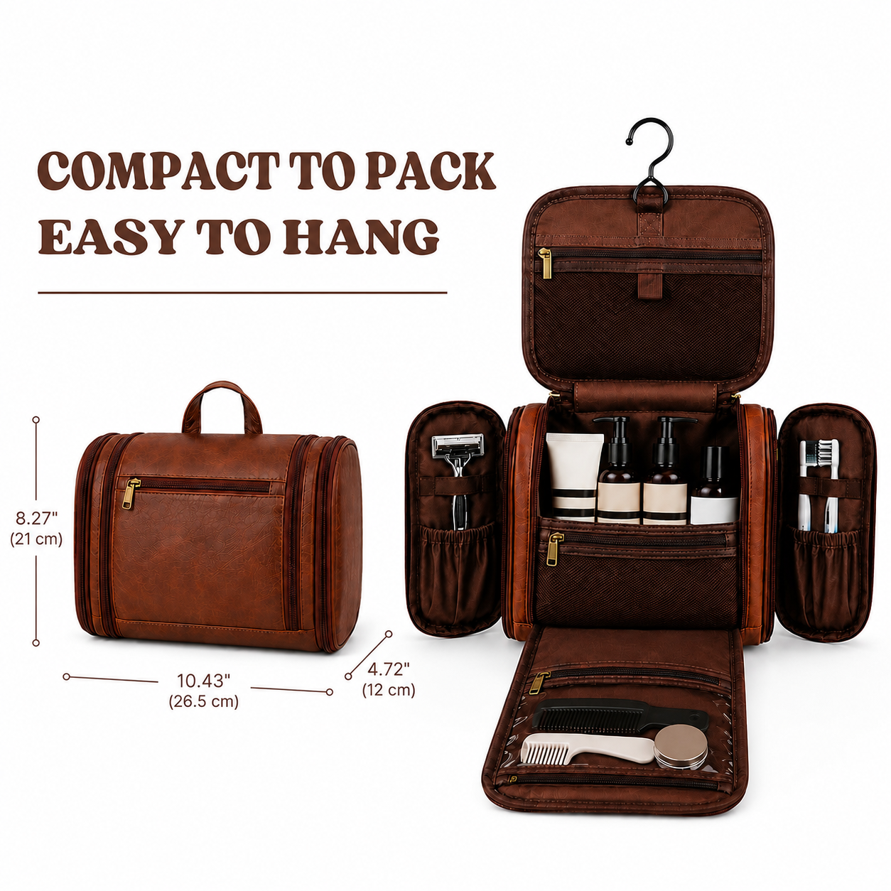 Men’s Vintage Leather-Look Hanging Travel Toiletry Bag | Large Multi-Compartment Dopp Kit with Wet/Dry Separation and Drawstring Pouch