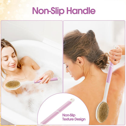 Non-Slip Back Scrubber with Long Handle, Stiff and Soft Bristles, Body Exfoliating Brush for Wet or Dry Brushing (Pink)