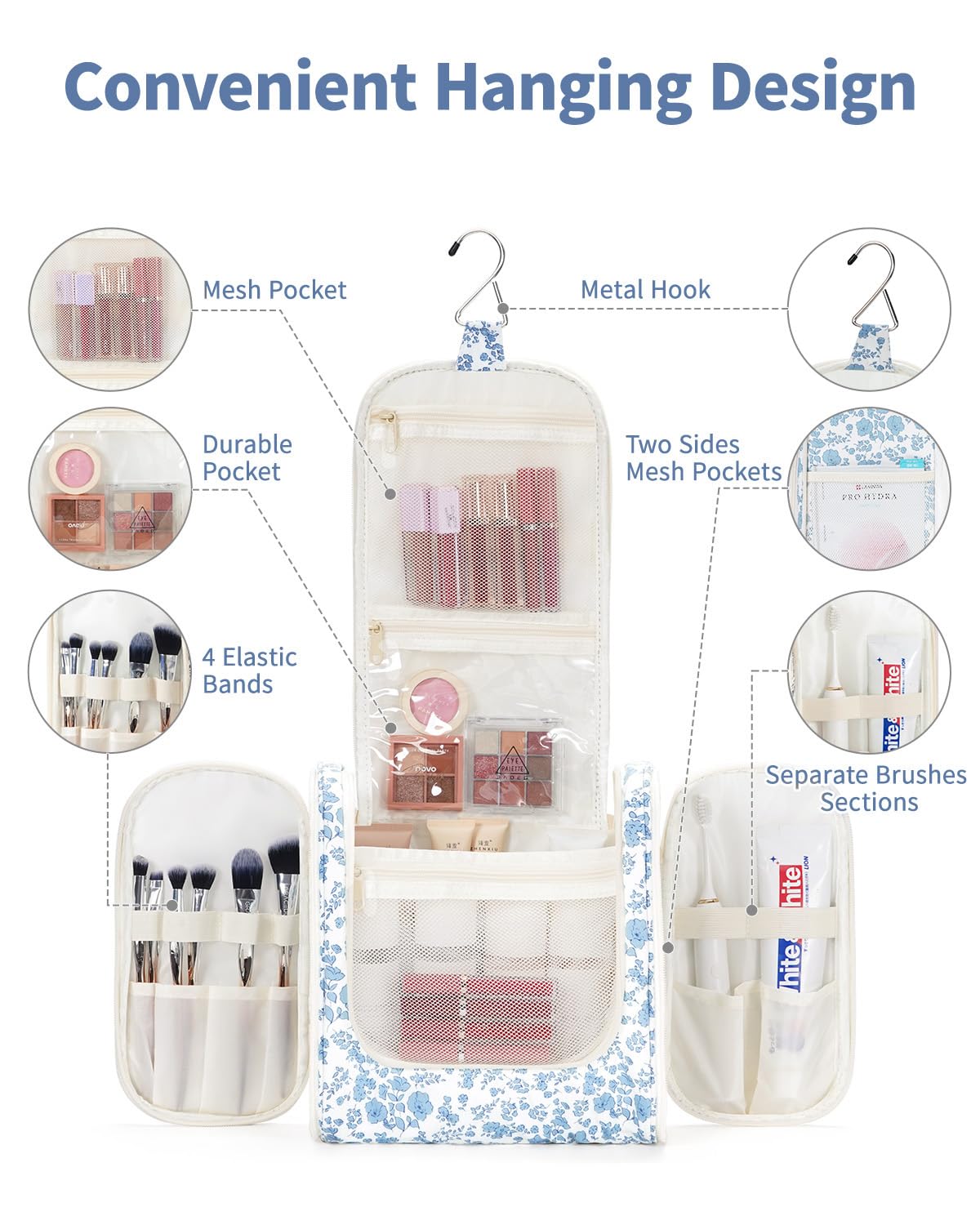 Blue Floral Large Hanging Travel Makeup Bag | Portable Toiletry Organizer with Metal Hook, Mesh Pockets, Brush Holders, and Double Zippers