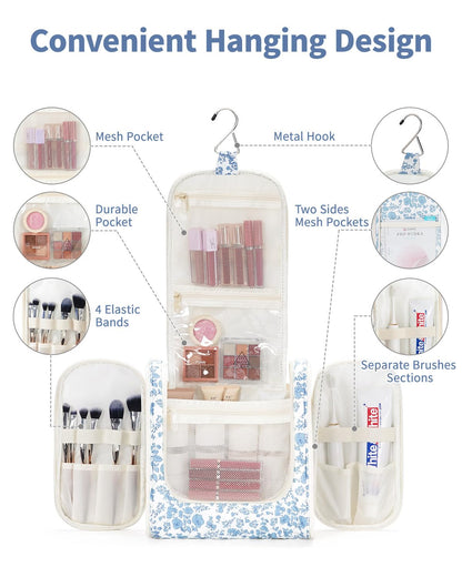 Blue Floral Large Hanging Travel Makeup Bag | Portable Toiletry Organizer with Metal Hook, Mesh Pockets, Brush Holders, and Double Zippers