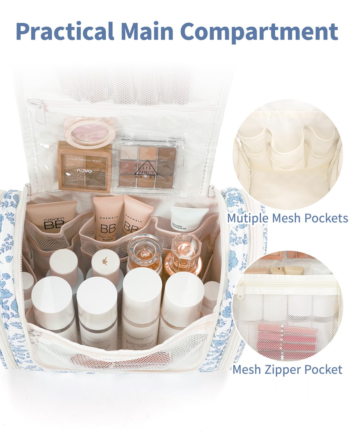 Blue Floral Large Hanging Travel Makeup Bag | Portable Toiletry Organizer with Metal Hook, Mesh Pockets, Brush Holders, and Double Zippers