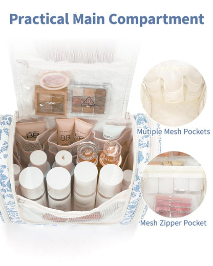 Blue Floral Large Hanging Travel Makeup Bag | Portable Toiletry Organizer with Metal Hook, Mesh Pockets, Brush Holders, and Double Zippers