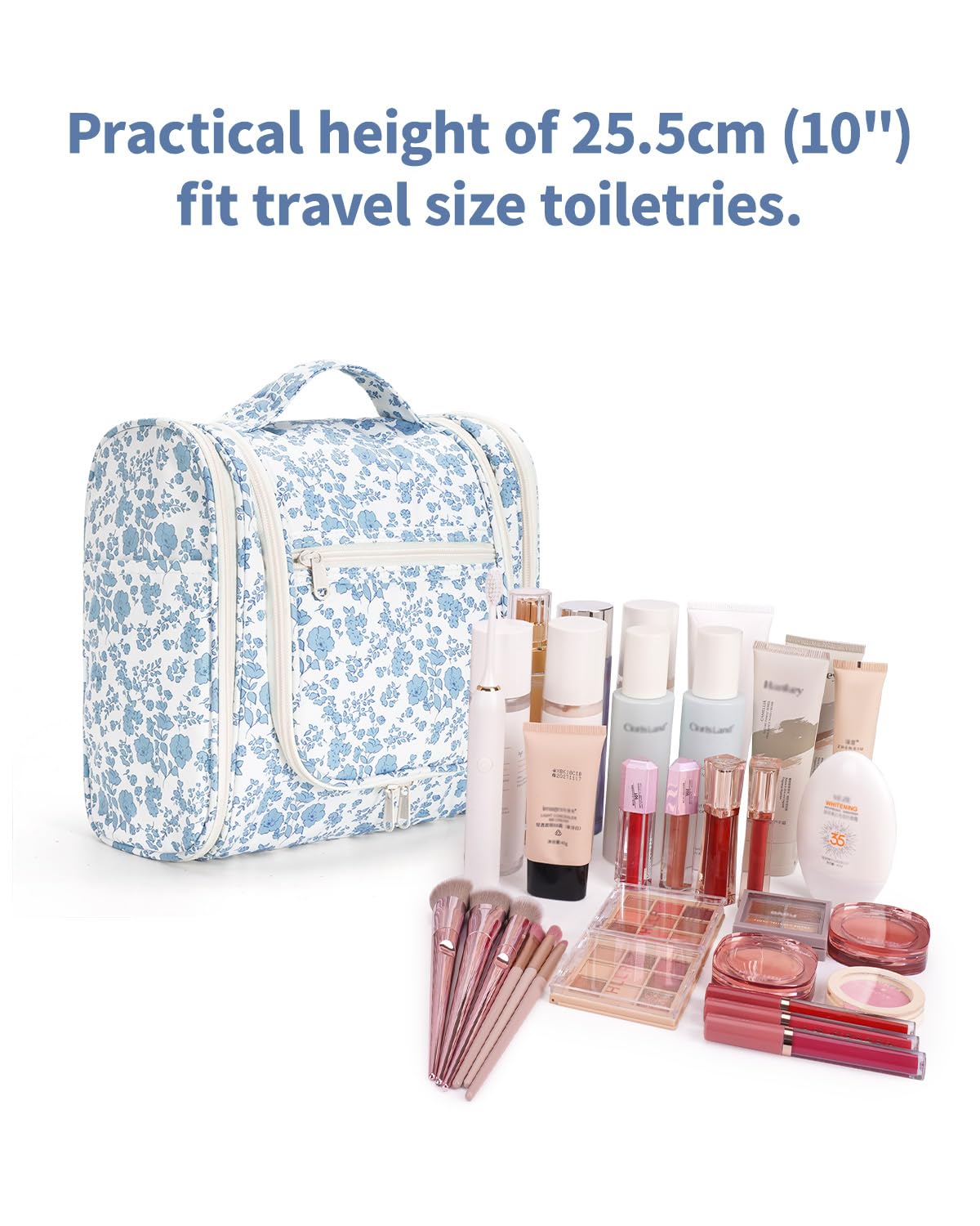 Blue Floral Large Hanging Travel Makeup Bag | Portable Toiletry Organizer with Metal Hook, Mesh Pockets, Brush Holders, and Double Zippers