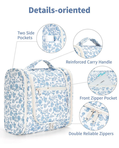 Blue Floral Large Hanging Travel Makeup Bag | Portable Toiletry Organizer with Metal Hook, Mesh Pockets, Brush Holders, and Double Zippers