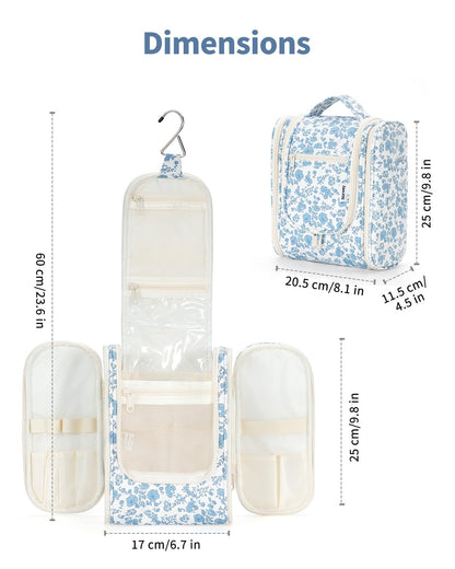 Blue Floral Large Hanging Travel Makeup Bag | Portable Toiletry Organizer with Metal Hook, Mesh Pockets, Brush Holders, and Double Zippers