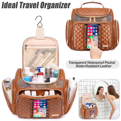 Large Travel Toiletry Bag with Hanging Hook, Multiple Compartments, Water-Resistant Design, and Clear Phone Pocket