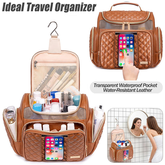 Large Travel Toiletry Bag with Hanging Hook, Multiple Compartments, Water-Resistant Design, and Clear Phone Pocket
