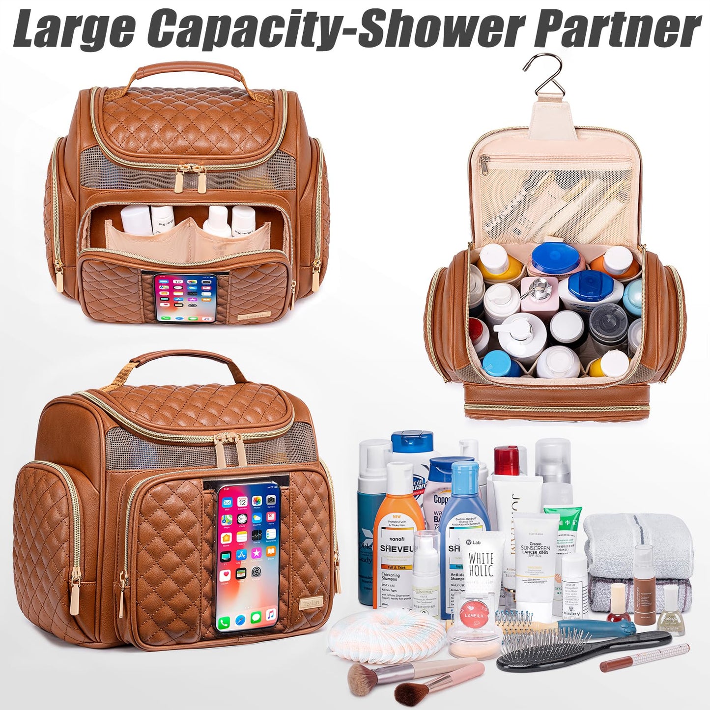 Large Travel Toiletry Bag with Hanging Hook, Multiple Compartments, Water-Resistant Design, and Clear Phone Pocket