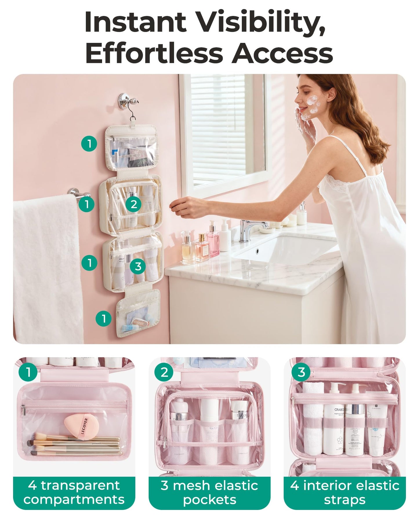 Extra-Large Hanging Travel Toiletry Bag | Four-Tier Clear Compartments, 360° Swivel Hook, and Leak-Resistant PVC Lining