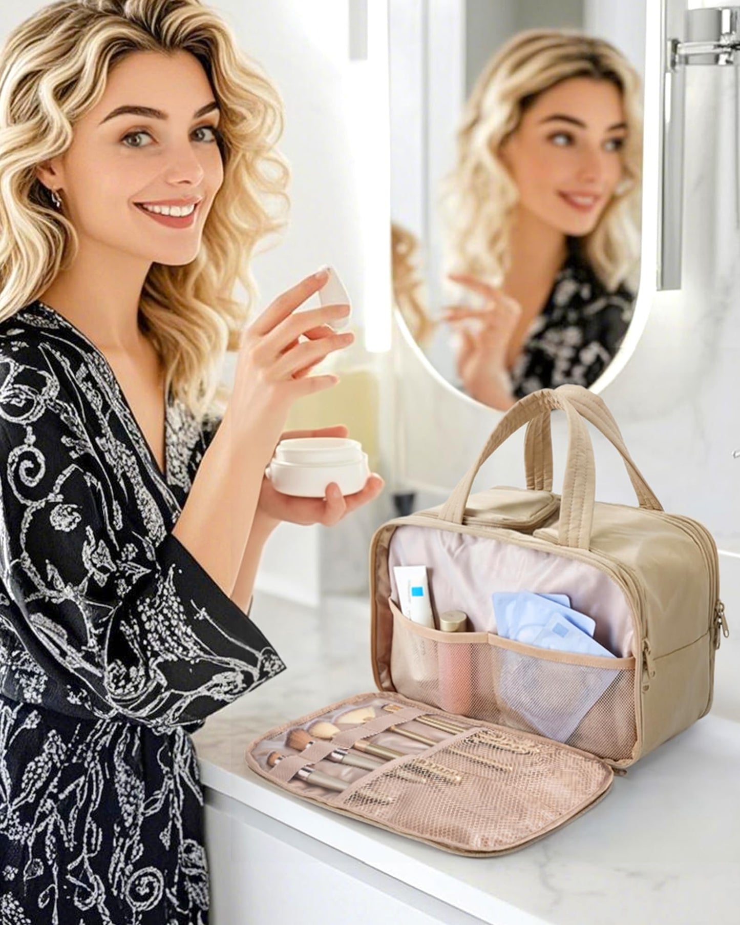 Women’s Large Travel Makeup Bag | Lightweight Quilted Cosmetic Organizer with Multiple Compartments, Wet/Dry Separation, and Wide Double-Zipper Opening