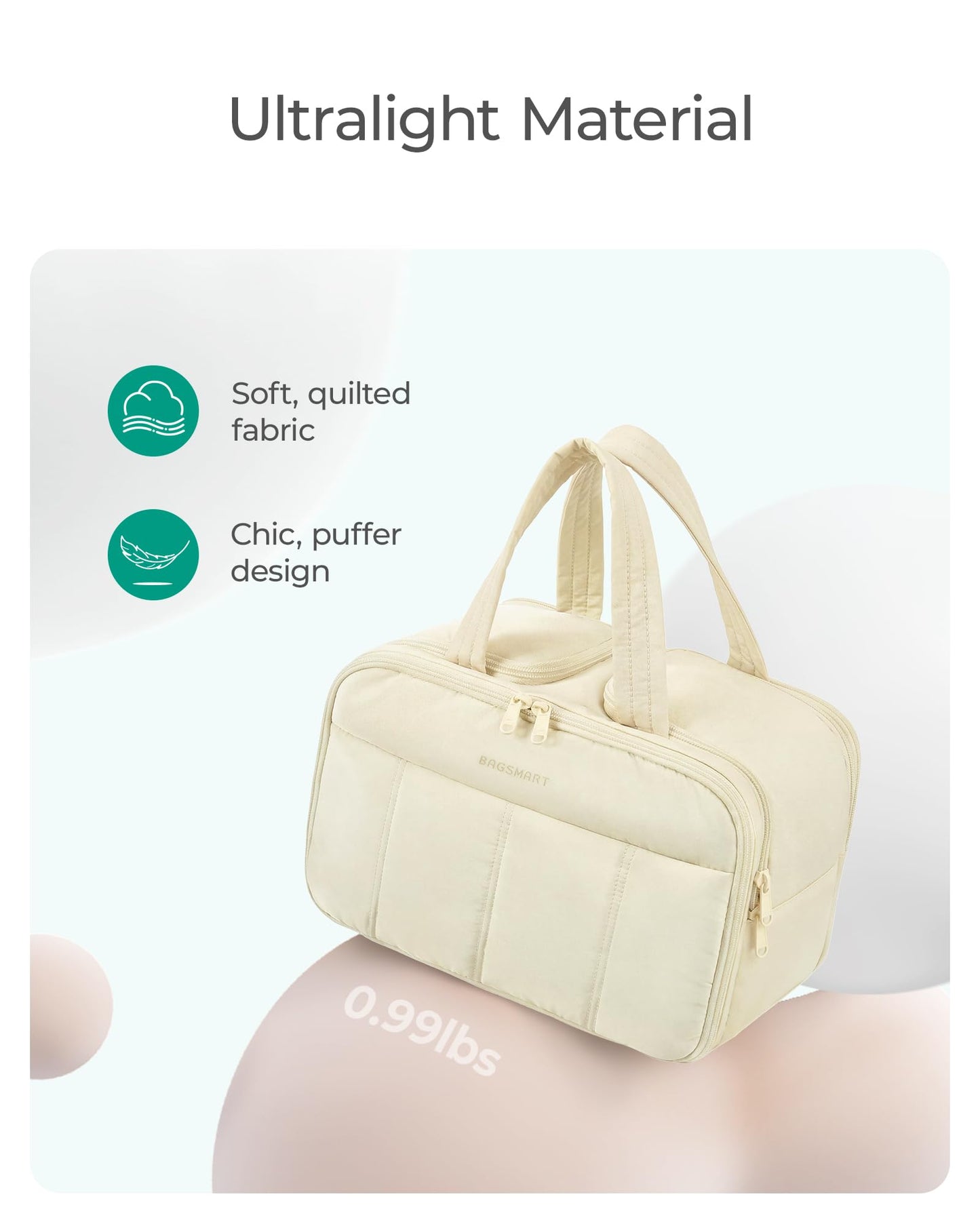 Women’s Large Travel Makeup Bag | Lightweight Quilted Cosmetic Organizer with Multiple Compartments, Wet/Dry Separation, and Wide Double-Zipper Opening
