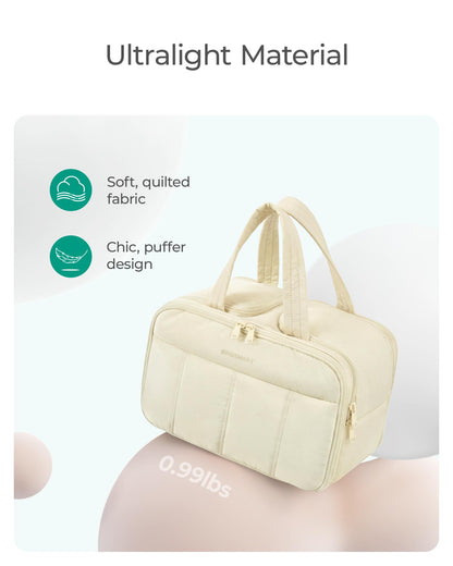 Women’s Large Travel Makeup Bag | Lightweight Quilted Cosmetic Organizer with Multiple Compartments, Wet/Dry Separation, and Wide Double-Zipper Opening