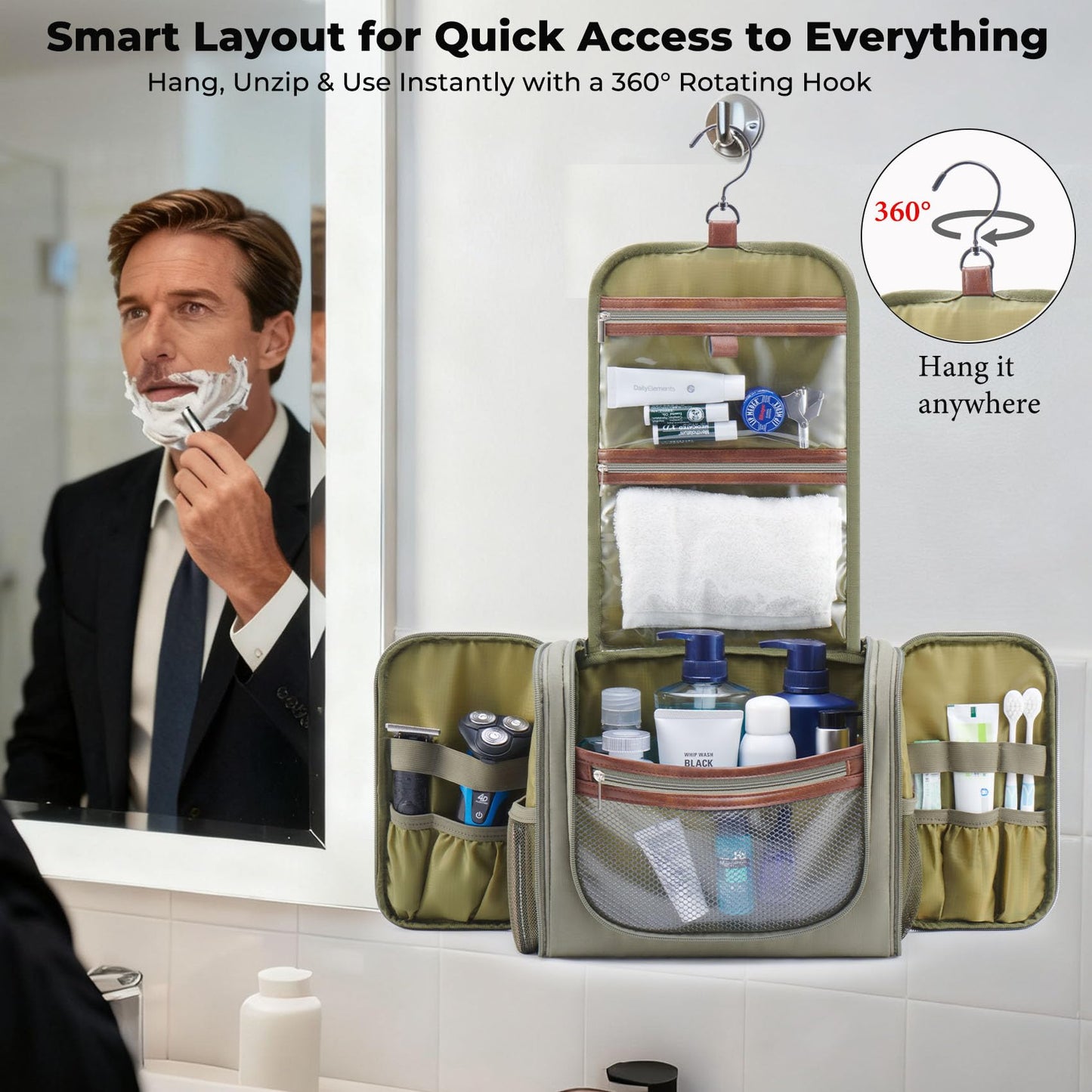 Men’s Large Hanging Travel Toiletry Bag | Business Dopp Kit with 360° Swivel Hook, Multiple Compartments, and Convenient Exterior Pockets