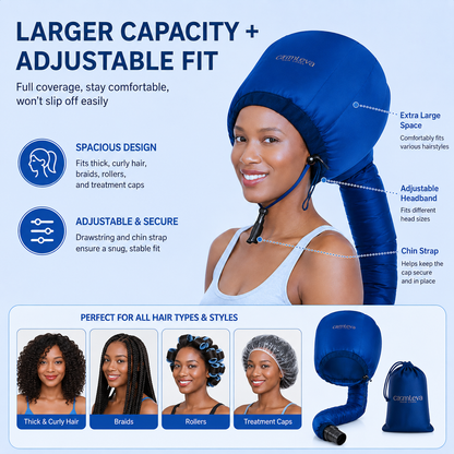 Hooded Hair Dryer Attachment w/A Headband Integrated That Reduces Heat Around Ears & Neck - Hair Dryer Hooded Diffuser Cap for Curly, Speeds Up Drying Time, Deep Conditioning At Home - Portable, Large