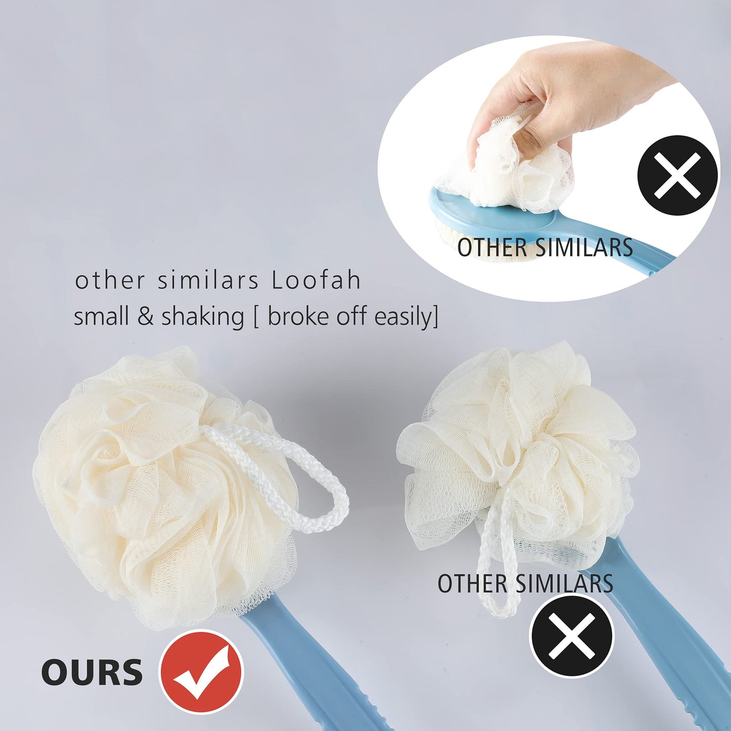 Shower Body Brush Bristles & Mesh Loofah Sponge,Curved Handle Back Scrubber