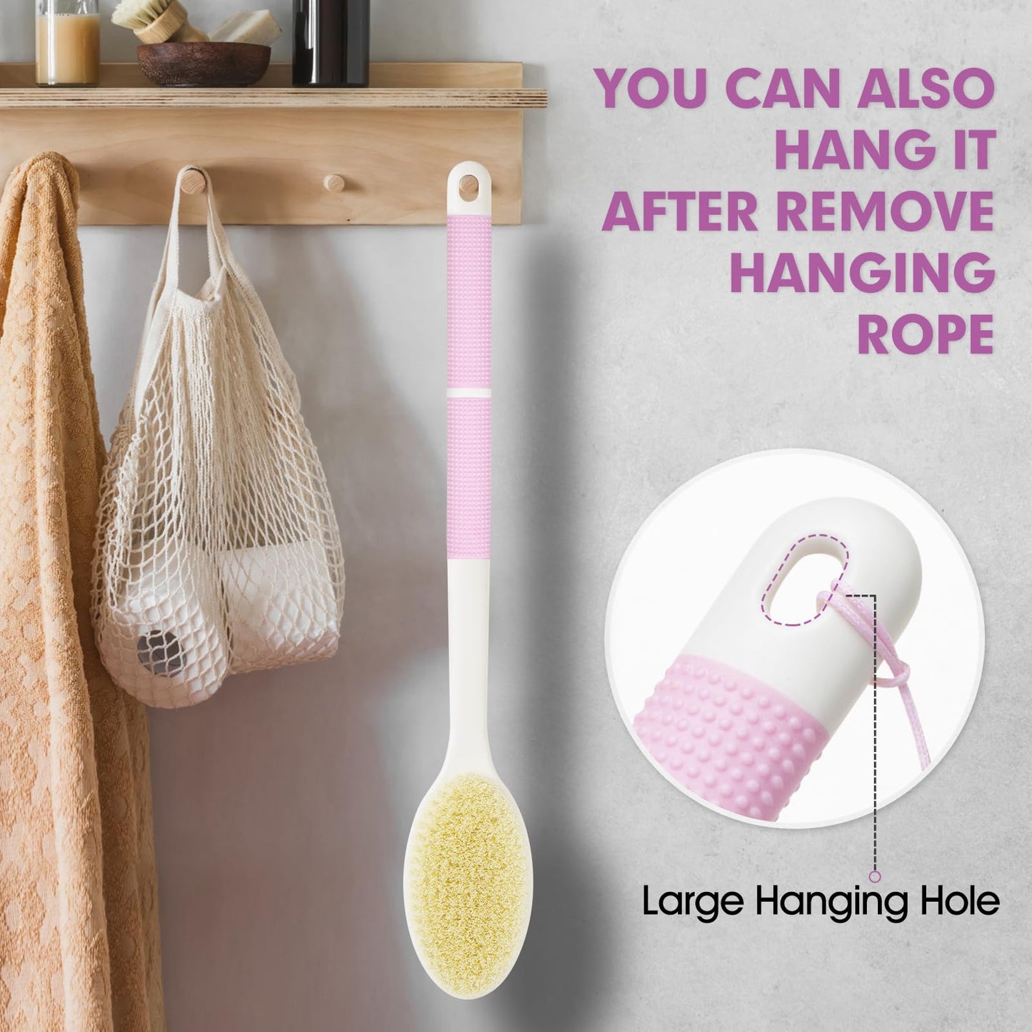 Non-Slip Back Scrubber with Long Handle, Stiff and Soft Bristles, Body Exfoliating Brush for Wet or Dry Brushing (Pink)