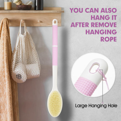 Non-Slip Back Scrubber with Long Handle, Stiff and Soft Bristles, Body Exfoliating Brush for Wet or Dry Brushing (Pink)