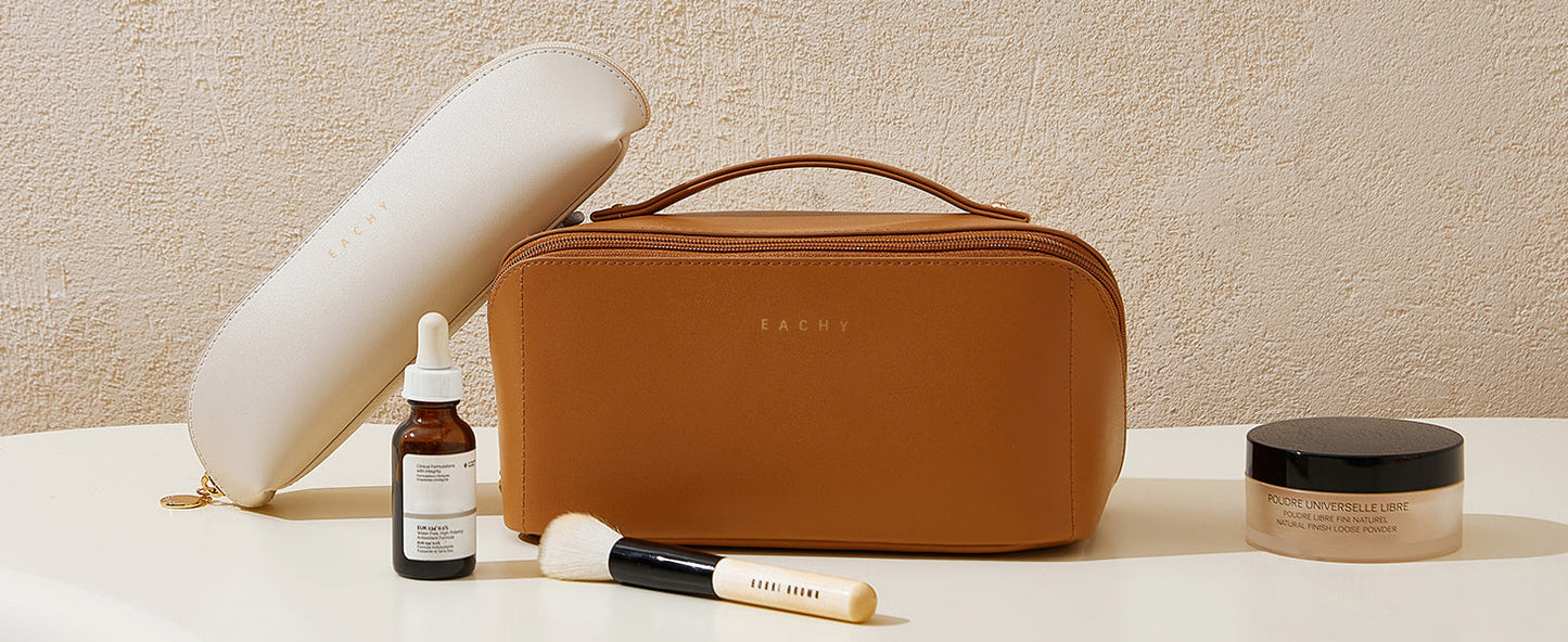 Large Travel Makeup Bag for Women | Multi-Compartment Cosmetic Organizer with Waterproof TPU Brush Compartment and Carry Handle