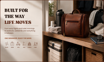 Men’s Vintage Leather-Look Hanging Travel Toiletry Bag | Large Multi-Compartment Dopp Kit with Wet/Dry Separation and Drawstring Pouch