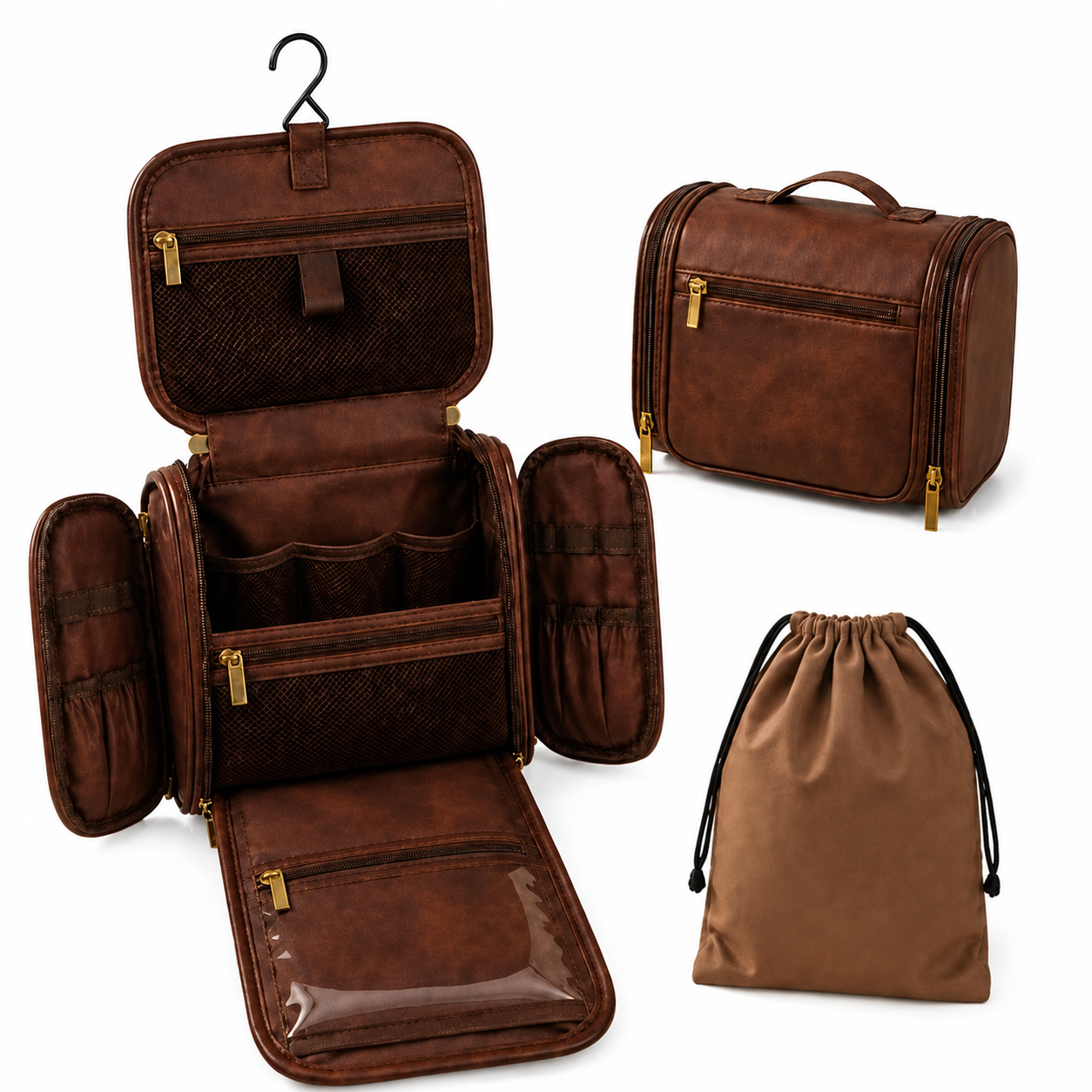Men’s Vintage Leather-Look Hanging Travel Toiletry Bag | Large Multi-Compartment Dopp Kit with Wet/Dry Separation and Drawstring Pouch