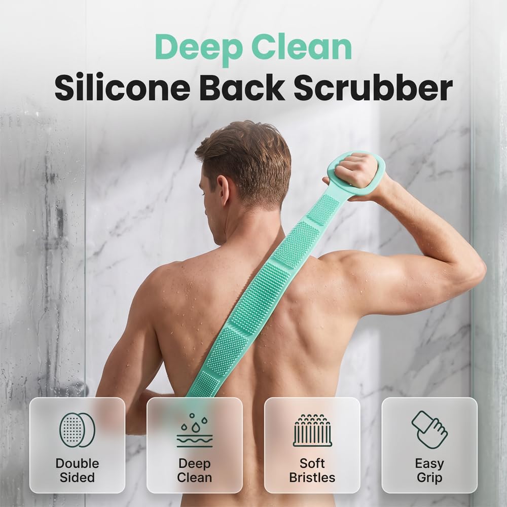 Silicone Back Scrubber for Shower,26.77in Dual Sided Body Scrubber (Green)