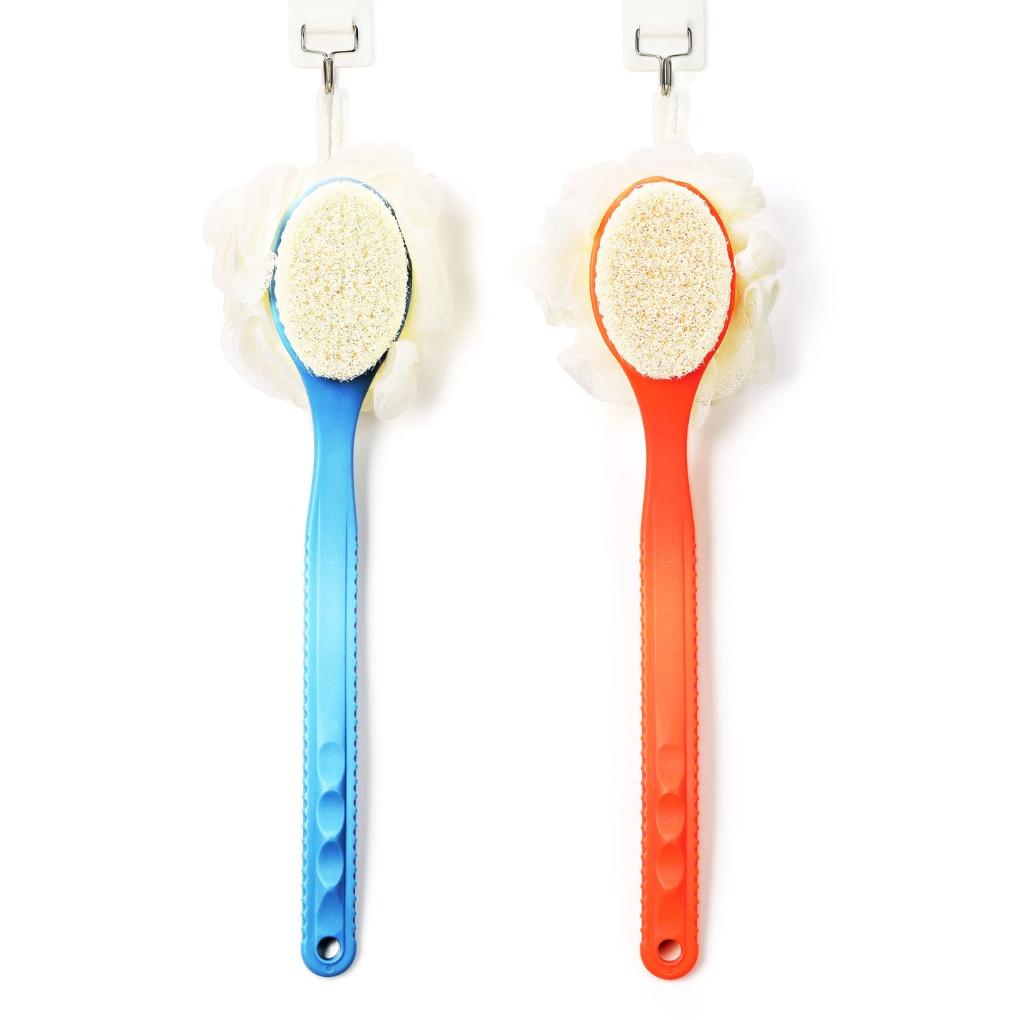 Shower Body Brush Bristles & Mesh Loofah Sponge,Curved Handle Back Scrubber