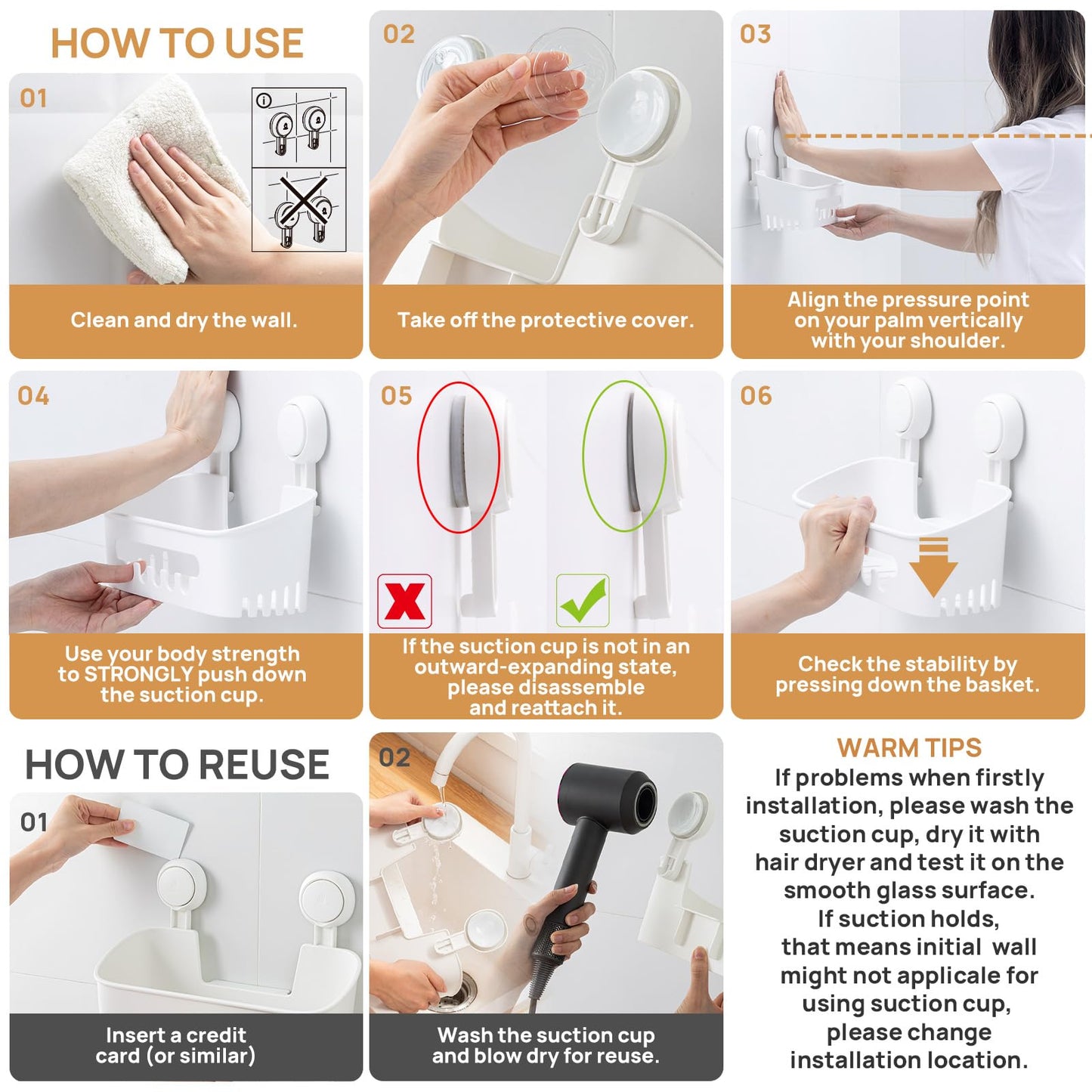 Shower Caddy Suction Cup, Shower Organizer Removable Bathroom Shelf, Storage Suction Powerful Max Hold 22lbs Bathroom Caddy Waterproof Holder, White