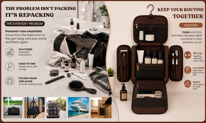 Men’s Vintage Leather-Look Hanging Travel Toiletry Bag | Large Multi-Compartment Dopp Kit with Wet/Dry Separation and Drawstring Pouch