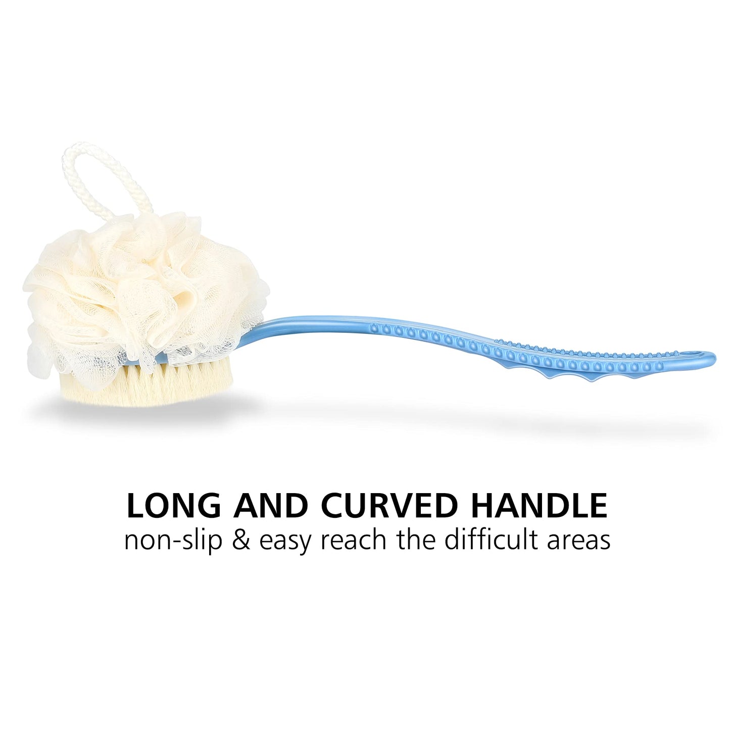 Shower Body Brush Bristles & Mesh Loofah Sponge,Curved Handle Back Scrubber