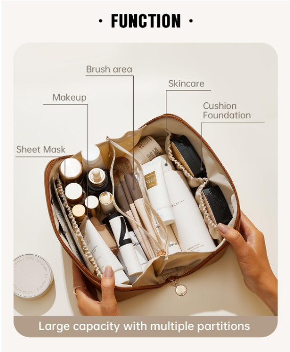Large Travel Makeup Bag for Women | Multi-Compartment Cosmetic Organizer with Waterproof TPU Brush Compartment and Carry Handle